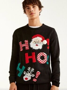 Pull & Bear Crewneck Black Holiday Santa 'HO HO HO' Knit Sweater size S